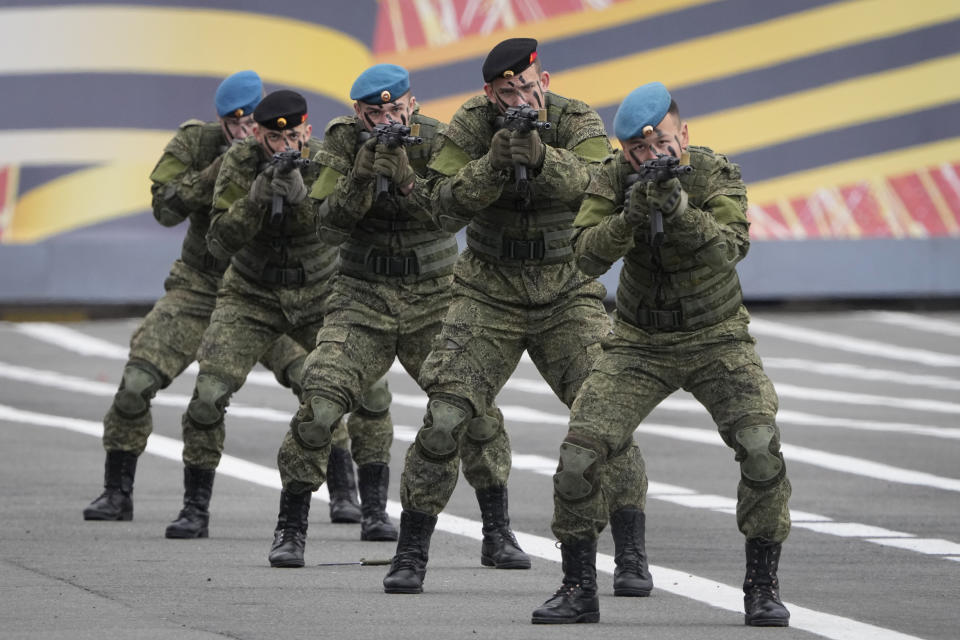 Military cadets demonstrate their skills during a rehearsal for the Victory Day military parade which will take place at Dvortsovaya (Palace) Square on May 9 to celebrate 78 years after the victory in World War II in St. Petersburg, Russia, Sunday, May 7, 2023. (AP Photo/Dmitri Lovetsky)