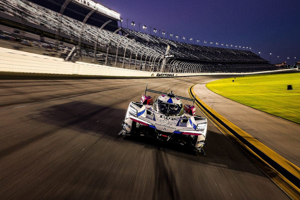 Meyer Shank's Acura ARX-06 LMDh,  a new gas-electric hybrid for this year's IMSA series, gets a test run at the Daytona International Speedway.