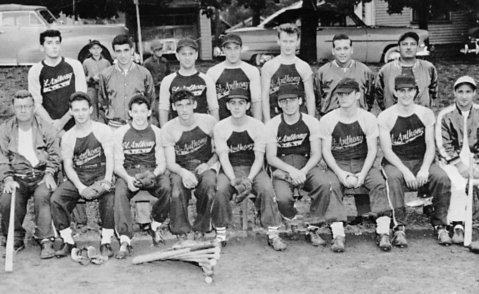In 1954, St. Anthony of Padua church in East Utica sponsored this team in the Utica Municipal Softball League. Front row from the left, Manager Clint Merrick, Pat Joaquin, Pat Leone, Al Francis, Fred Grimaldi, Fred Alsante, Al Grimaldi, Peter Giordano and Coach Nick Pezzullo. Back row from the left, Ted Kochan, Rob Liberatore, Mario Iagnocco, Jerry Spiridilozzi, Joe Swienton, Gene Evans and Curly Sgroi.