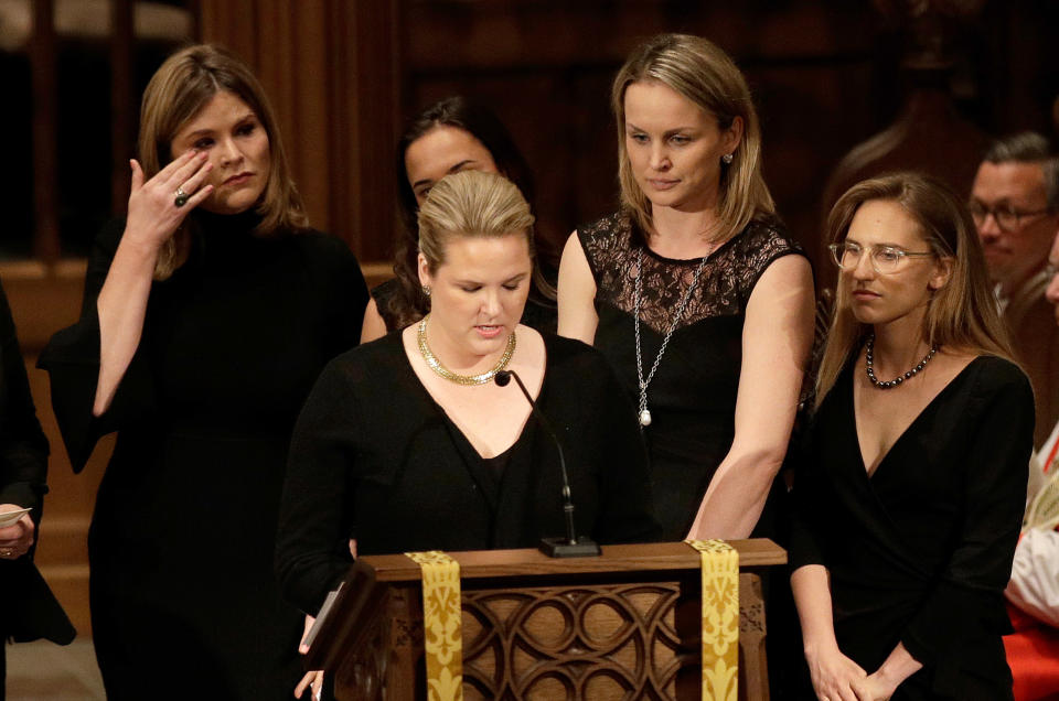 <p>Jenna Bush, left, wipes away tears as granddaughters gather to speak during a funeral service for former first lady Barbara Bush at St. Martin’s Episcopal Church, April 21, 2018 in Houston, Texas. (Photo: David J. Phillip-Pool/Getty Images) </p>