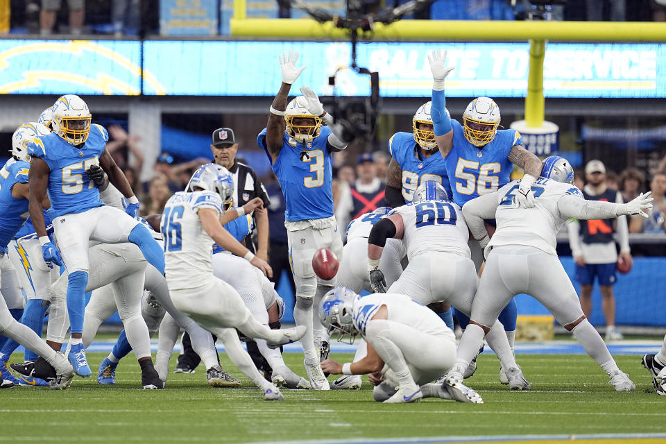 Detroit Lions place kicker Riley Patterson (36) makes the game-winning field goal as time expires in an NFL football game against the Los Angeles Chargers Sunday, Nov. 12, 2023, in Inglewood, Calif. (AP Photo/Gregory Bull)