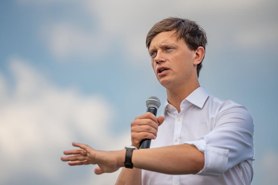 Iowa State Auditor Rob Sand speaks at the Des Moines Register Political Soapbox during the Iowa State Fair, Tuesday, Aug. 16, 2022.