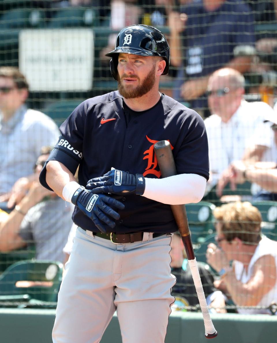 Tigers DH Robbie Grossman prepares to bat against the Pittsburgh Pirates during Grapefruit League action at LECOM Park on Saturday, March 19, 2022 in Bradenton, Florida.