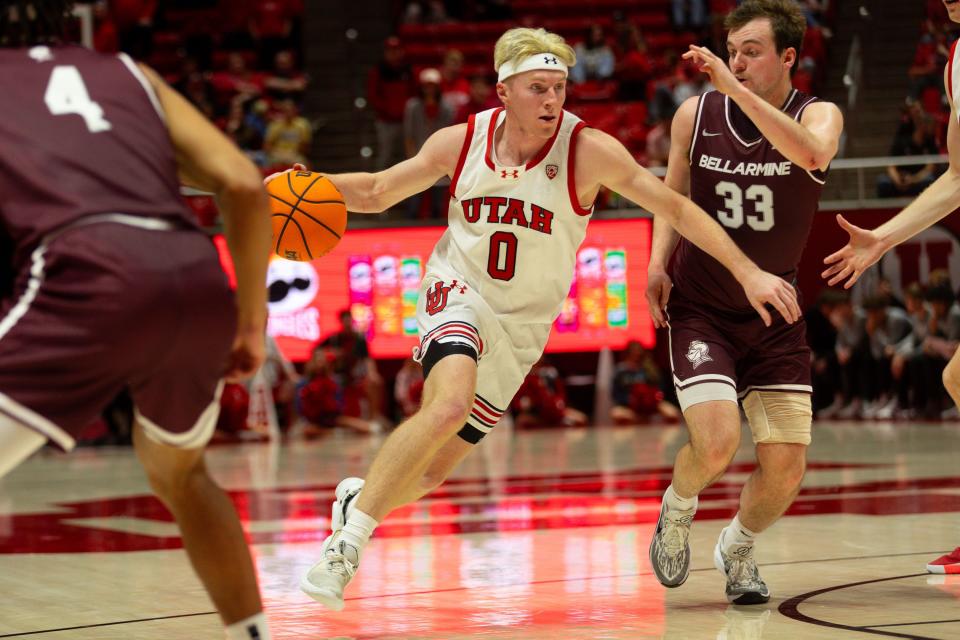 Utah Utes guard Hunter Erickson (0) dribbles the ball during the men’s college basketball game between the University of Utah and Bellarmine University at the Jon M. Huntsman Center in Salt Lake City on Wednesday, Dec. 20, 2023. | Megan Nielsen, Deseret News