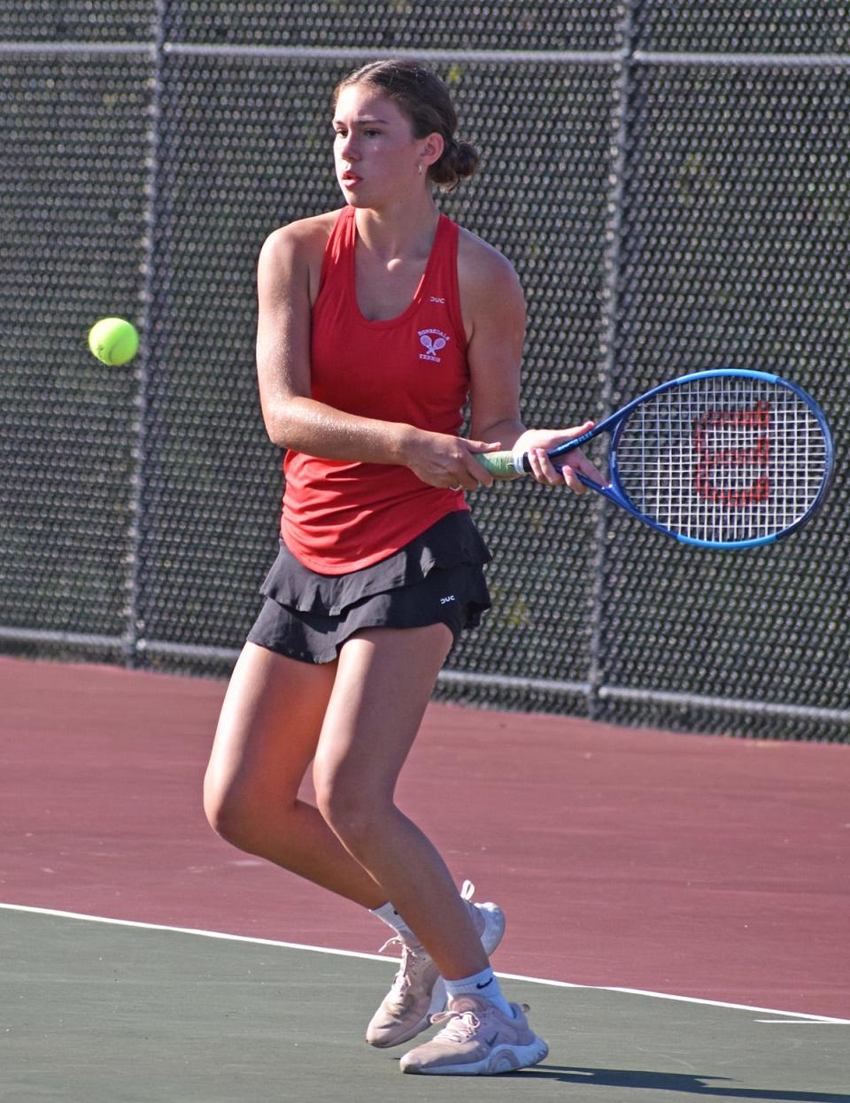 Honesdale's Alexis Mazzotta unleashes a big backhand during Lackawanna League girls varsity tennis action versus Western Wayne.