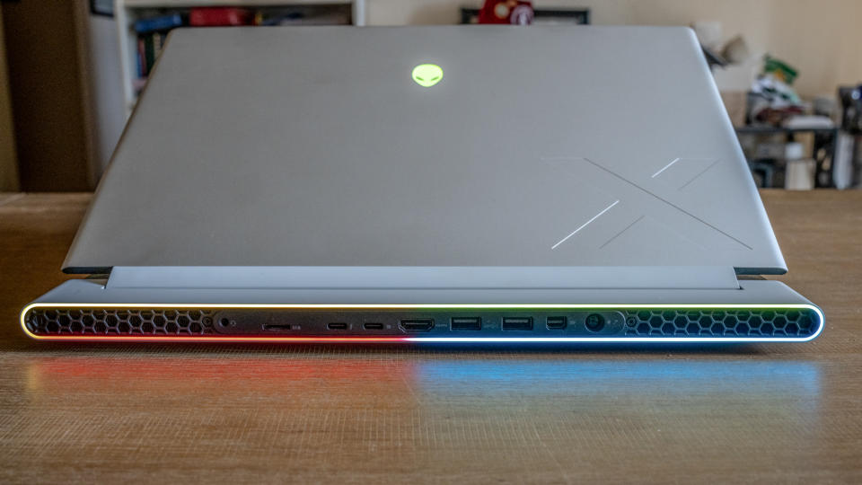 Alienwaer x16 R2 review unit on desk, ports facing camera