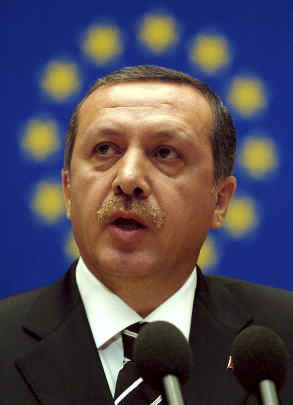 FILE - Turkey's Prime Minister Recep Tayyip Erdogan addresses the parliamentary assembly of the Council of Europe on Oct. 6, 2004 in Strasbourg, eastern France. Erdogan, who is seeking a third term in office as president in elections in May, marks 20 years in office on Tuesday, March 14, 2023. (AP Photo/Christian Lutz, File)