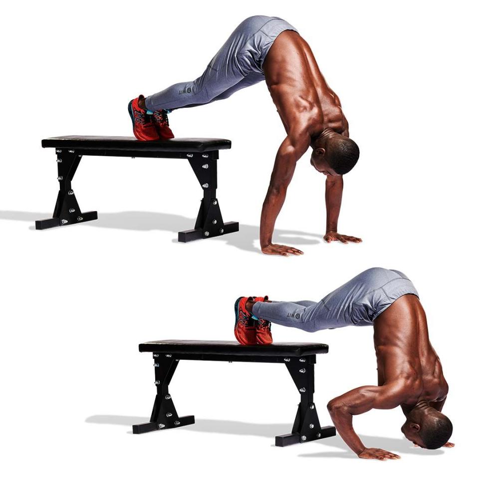 <p>Assume press-up position with your feet on a bench. Walk your hands back until your hips are above your shoulders (<strong>A</strong>). Lower you head slowly by bending at the elbows (<strong>B</strong>). Your head and hands should form a triangle. Pause and push back up.<br></p>
