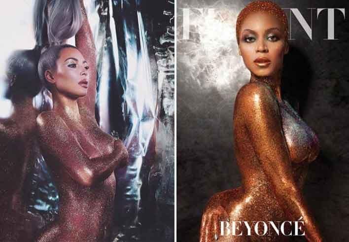 The reality star has been accused of ripping Beyonce's Flaunt magazine shoot she did four years ago. Source: KKW Beauty / Flaunt magazine