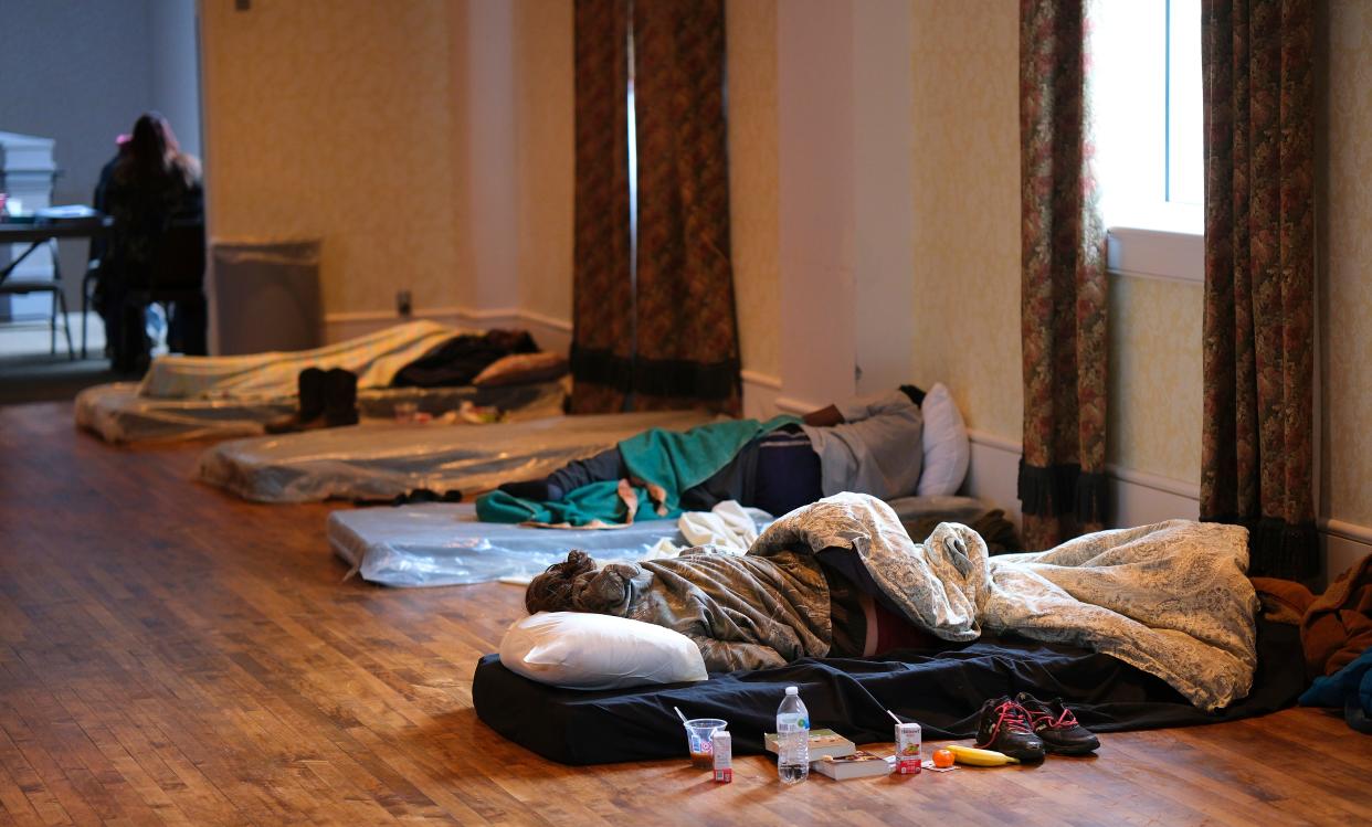 During a stretch of frigid temperatures in early 2023, mattresses were arranged along the wall in Dean Wiley Hall at St. Paul's Episcopal Cathedral, which opens its doors during extremely cold weather.