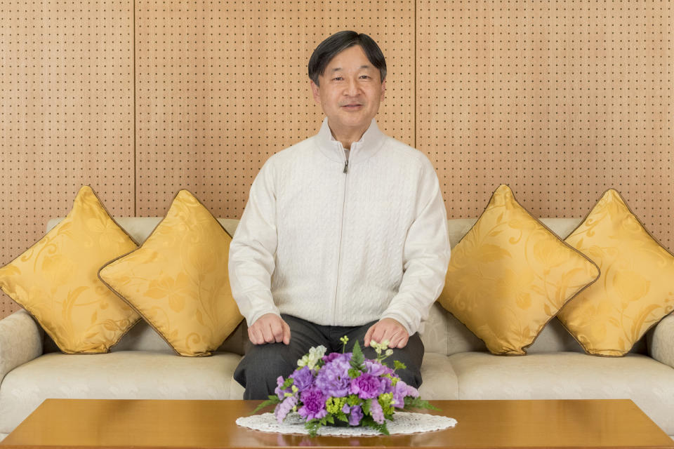 In this Feb. 17, 2019, photo provided by the Imperial Household Agency of Japan, Japan's Crown Prince Naruhito poses for a photo at his residence Togu Palace in Tokyo. Naruhito celebrates his 59th birthday on Saturday, Feb. 23, 2019. (Imperial Household Agency of Japan via AP)