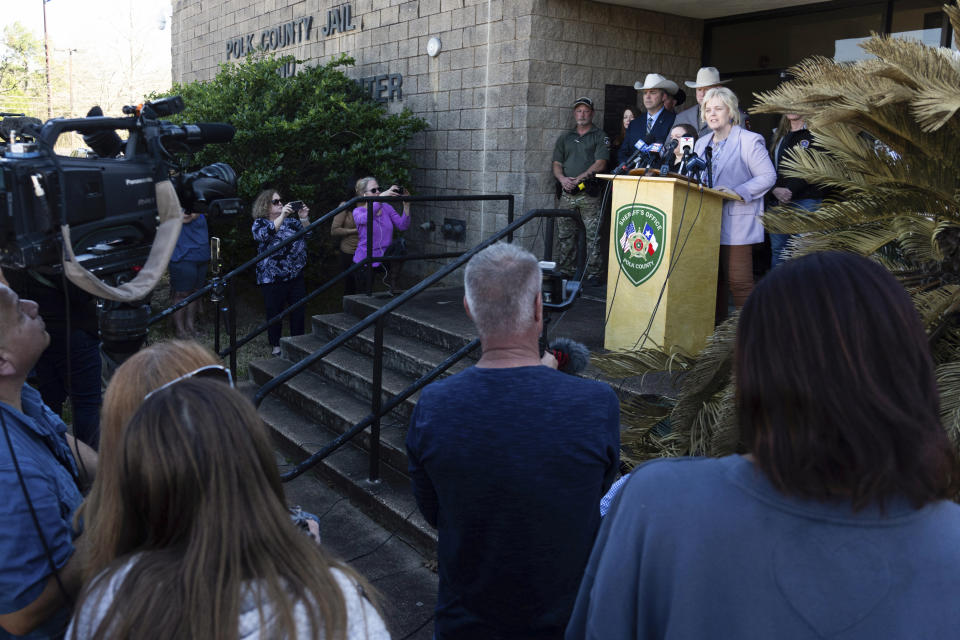 Polk County District Attorney Shelly Sitton speaks as she and other law enforcement officials announce that the body of 11-year-old Audrii Cunningham was found in Trinity River near her home in Livingston, Texas, during a press conference, Tuesday, Feb. 20, 2024, in Livingston. (Jason Fochtman/Houston Chronicle via AP)