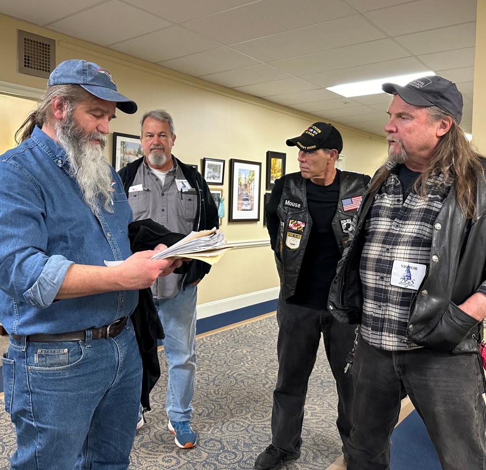 From left, ABATE members Ken Eaton, Howard Canter, Mark Kerzner and Bob Spanburgh gather in the House office building on Feb. 12, 2024, to lobby in support of a bill that would make wearing a helmet optional for most bikers.