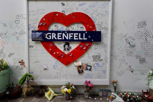 Tributes placed at the foot of Grenfell Tower, three years on from the disaster. 