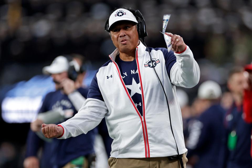 Navy head coach Ken Niumatalolo reacts against Army during the first half on Dec. 11, 2021, in East Rutherford, New Jersey.
