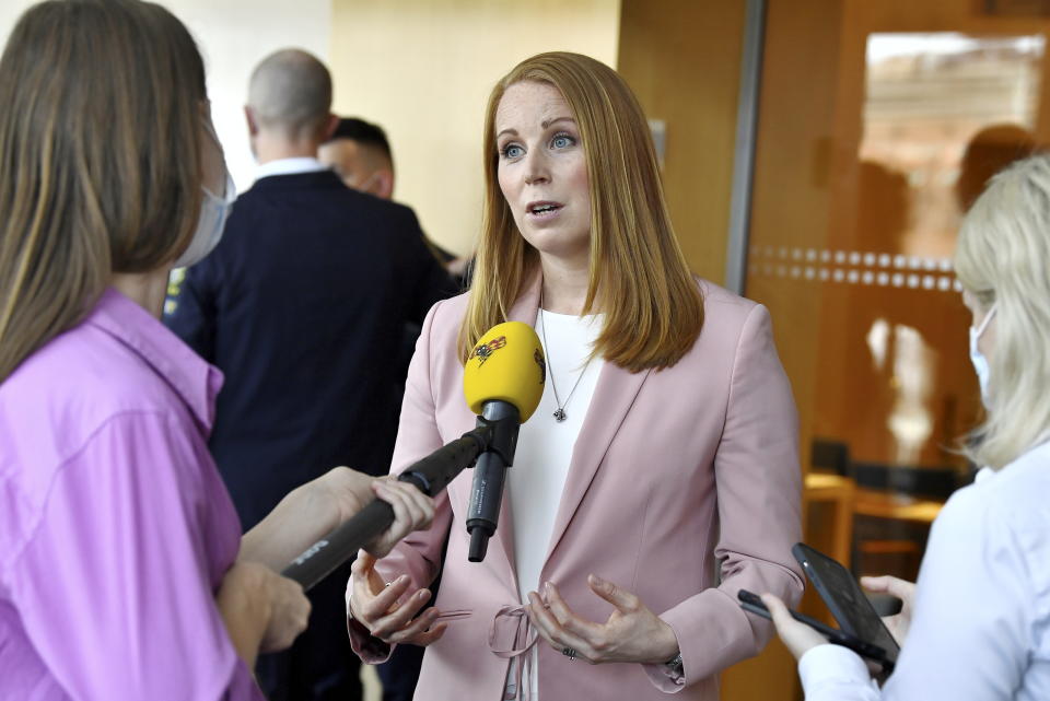 Center Party leader Annie Loof speaks to media after Sweden's Prime Minister Stefan Lofven lost a confidence vote in the Swedish Parliament in Stockholm, Monday June 21, 2021. Stefan Lofven, Sweden’s Social Democratic prime minister since 2014, lost a confidence vote in parliament on Monday. (Claudio Bresciani / TT via AP)