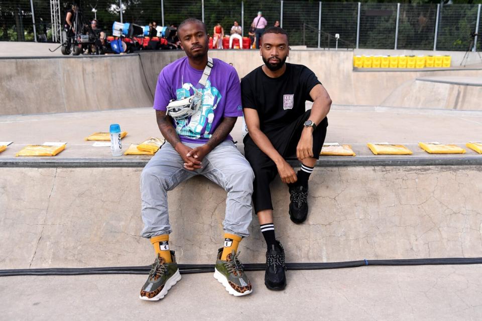 Salehe Bembury (L) and Kerby Jean-Raymond (R) attend the John Elliott front row during New York Fashion Week: The Shows on September 6, 2018 in New York City. (Photo by Nicholas Hunt/Getty Images for NYFW: The Shows)