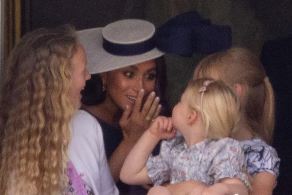 The Duchess, 40,  was pictured chatting to Isla and Savannah Phillips, who was holding Lena Tindall (Kelvin Bruce/Jim Bennett)