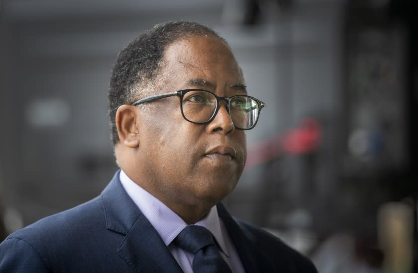 LOS ANGELES, CA - OCTOBER 21: Los Angeles County Supervisor Mark Ridley-Thomas listens to LA City Councilmember Marqueece Harris-Dawson, not pictured, speak at a ground-breaking ceremony of the SEED School of Los Angeles County (SEED LA), the Vermont Manchester Transit Priority Project on property acquired through eminent domain in 2018 Wednesday, Oct. 21, 2020 in Los Angeles, CA. LA County, Metro and their partners are kicking off the first phase of the development: the SEED School of Los Angeles County (SEED LA), the state's first public boarding high school. The second phase will include building 180 affordable apartments, a Metro Job and Innovation Center and community-serving retail stores. (Allen J. Schaben / Los Angeles Times)