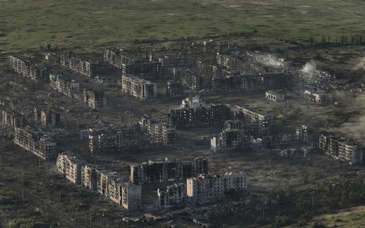 An aerial view of a ruined and uninhabitable Chasiv Yar