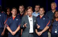 Hakan Samuelsson, CEO of Volvo Cars, speaks to those assembled during the inauguration of Volvo Cars first U.S. production plant in Ridgeville, South Carolina, U.S., June 20, 2018. REUTERS/Randall Hill