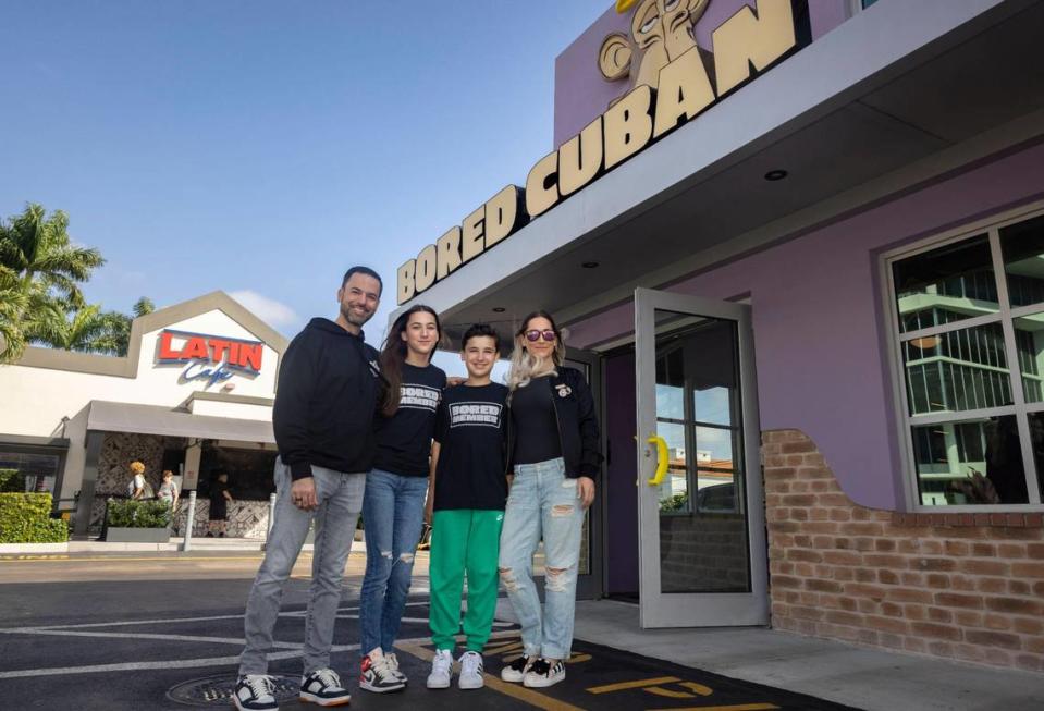 Owners Eric and Kali Castellanos with their children Ale and Nico at the new Bored Cuban restaurant in Miami, located next door to one of the family’s other restaurants, Latin Cafe 2000.