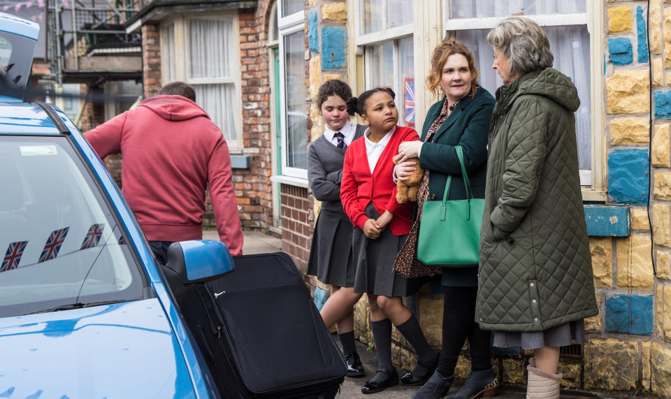 FROM ITV

STRICT EMBARGO - No Use Before Tuesday 4th May 2023

Coronation Street - Ep 1095051

Friday 12th May 2023

Fiz Dobbs [JENNIE McALPINE] packs her case for Norwich and the girls wave her off as she leaves with Tyrone Dobbs [ALAN HALSALL] for the station. 
Picture contact - David.crook@itv.com

Photographer - Danielle Baguley

This photograph is (C) ITV and can only be reproduced for editorial purposes directly in connection with the programme or event mentioned above, or ITV plc. This photograph must not be manipulated [excluding basic cropping] in a manner which alters the visual appearance of the person photographed deemed detrimental or inappropriate by ITV plc Picture Desk. This photograph must not be syndicated to any other company, publication or website, or permanently archived, without the express written permission of ITV Picture Desk. Full Terms and conditions are available on the website www.itv.com/presscentre/itvpictures/terms
