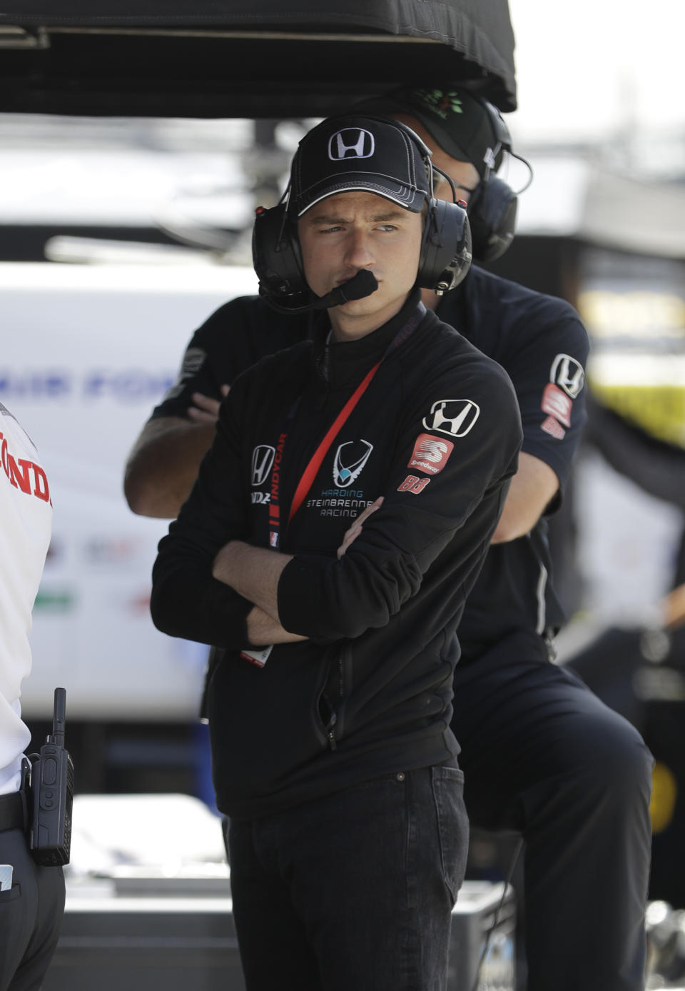 In this Tuesday, May 14, 2019 photo, George Steinbrenner IV watches during practice for the Indianapolis 500 IndyCar auto race at Indianapolis Motor Speedway in Indianapolis. The 22-year-old Steinbrenner is part owner of Harding Steinbrenner Racing team. Their driver, Colton Herta, qualified for the fifth starting position in Sunday’s Indianapolis 500. (AP Photo/Darron Cummings)