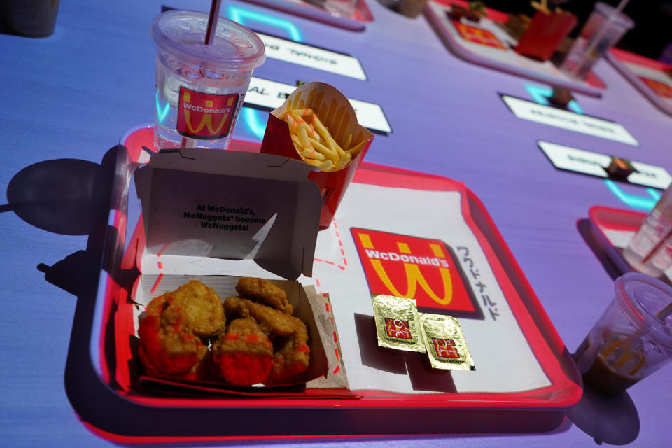 Chicken McNuggets, fries and WcDonald's Sauce on a red tray. (Samantha Kubota / TODAY)