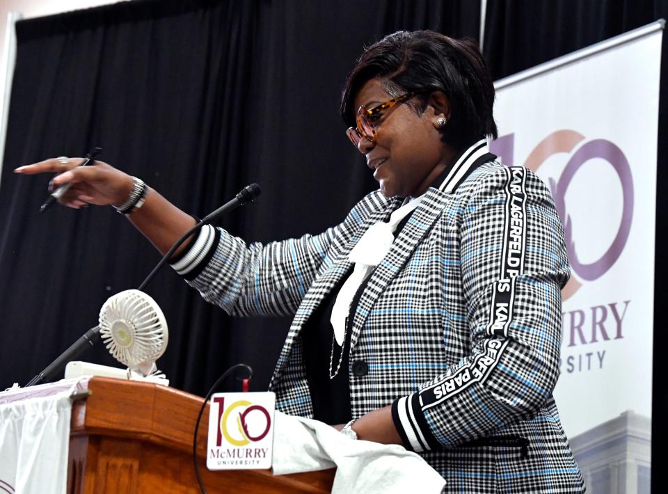 Sheryl Swoopes delivers the keynote address on female empowerment during the 2023 Women’s Leadership Luncheon at McMurry University on Thursday. Swoopes is a three-time Olympic gold medalist, WNBA champion and former Texas Tech basketball standout.