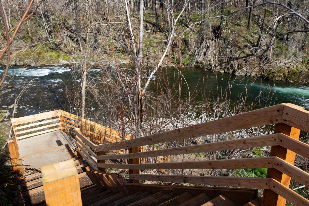 A staircase leads down to the river at Bear Creek Park, which will reopen on May 15.