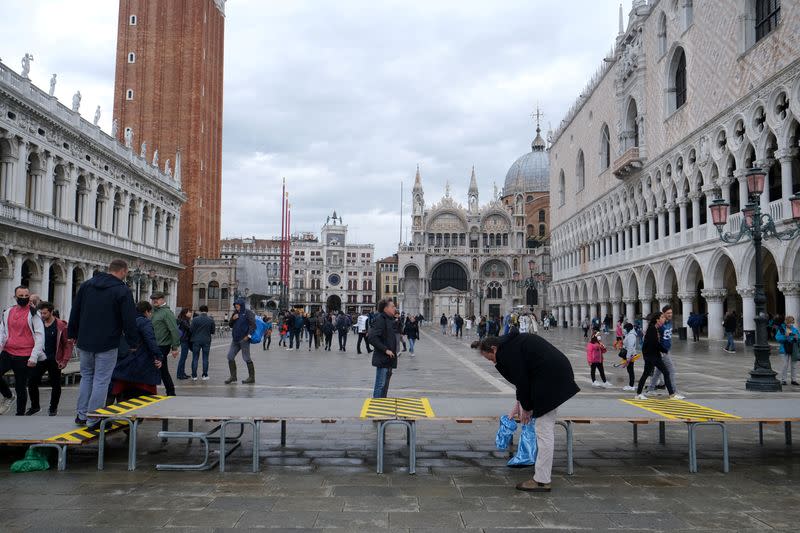 Piazza San Marco during high tide as flood barrier scheme MOSE is used for first time in Venice