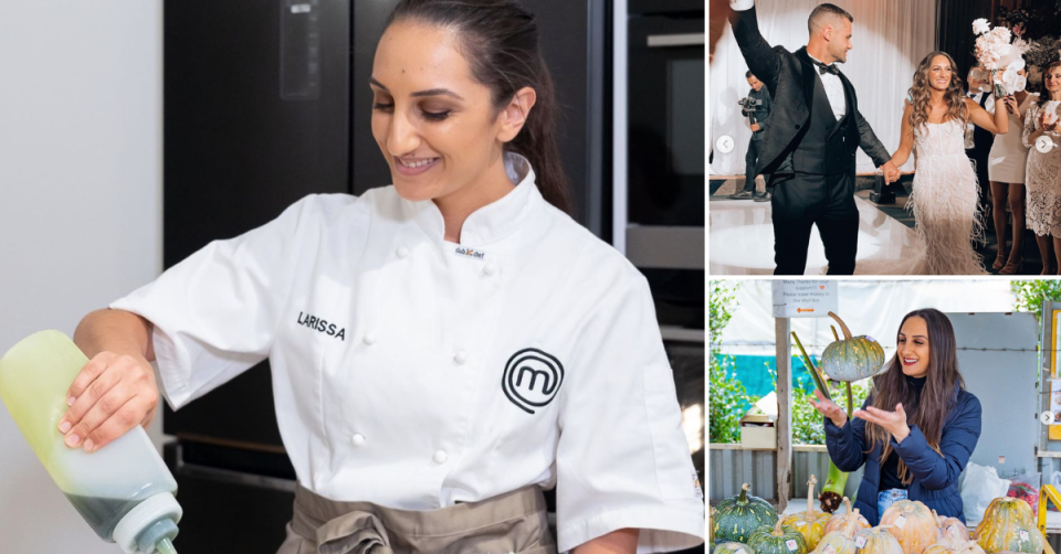 2019 Masterchef winner Larissa Takchi adds ingredients. Top right, at her wedding. Bottom right, with varieties of pumpkin and squash.