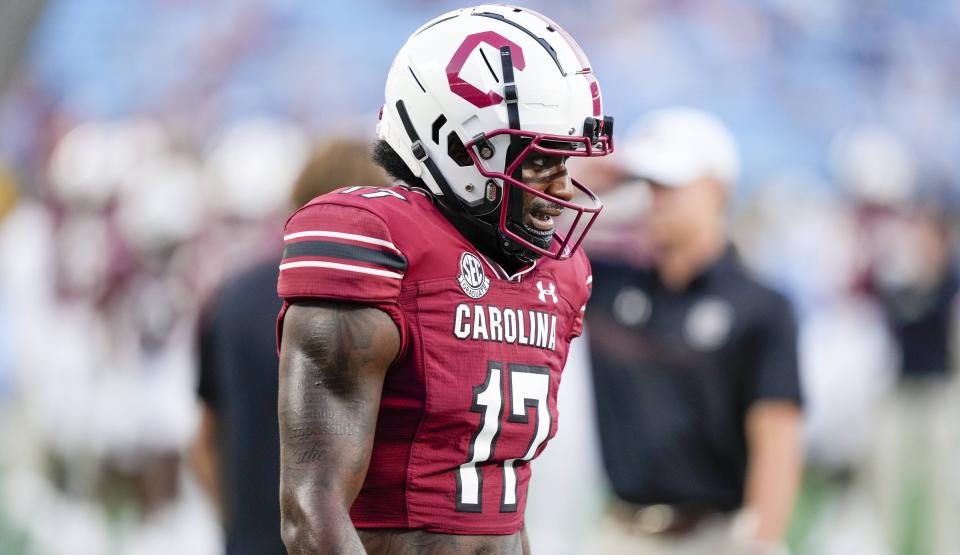 Sep 2, 2023; Charlotte, North Carolina, USA; South Carolina Gamecocks wide receiver Xavier Legette (17) during the first quarter against the North Carolina Tar Heels at Bank of America Stadium. Mandatory Credit: Jim Dedmon-USA TODAY Sports