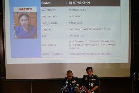 Malaysia's National Police Deputy Inspector-General Noor Rashid Ibrahim (front L) speaks in front of a screen showing detained North Korean Ri Jong Chol during a news conference regarding the apparent assassination of Kim Jong Nam, the half-brother of the North Korean leader, at the Malaysian police headquarters in Kuala Lumpur, Malaysia, February 19, 2017. REUTERS/Athit Perawongmetha