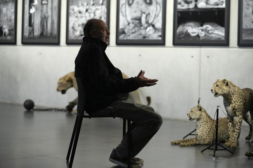 Artist and photographer Roger Ballen speaks during an interview with The Associated Press at Inside Out Centre for the Arts in Johannesburg, South Africa, Wednesday, May 31, 2023. From the killing of elephants in the 18th century that began the ivory trade to the decimation of the rhino population from animal hunting, Ballen argues through his provocative art installations and multimedia artworks that humans remain at the forefront of the destruction of African wildlife. (AP Photo/Themba Hadebe)