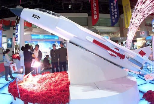 File photo of a model of China's first fighter bomber produced in entirety in China, the Flying Leopard at an expo in Beijing. A Flying Leopard plane crashed at an air show in northern China on Friday, state media reported, but it was not immediately clear whether there were any casualties