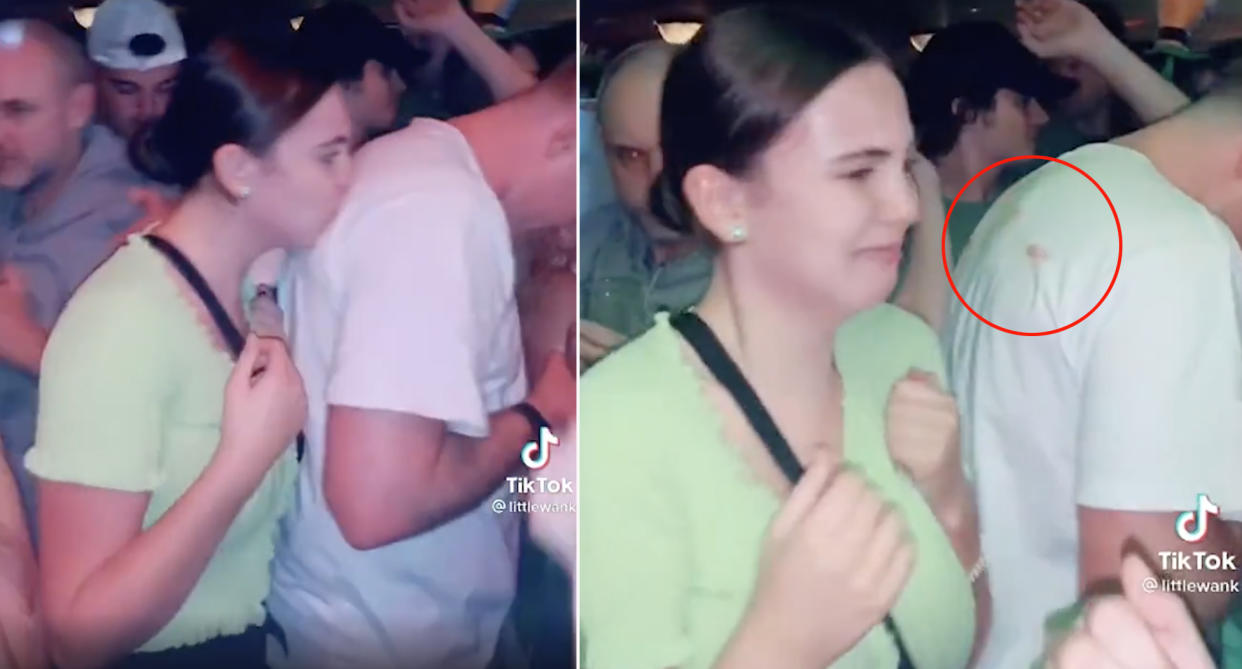 The young woman was kissing the backs of men wearing white shirts and leaving lipstick stains. Source: TikTok