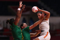 <p>Almudena Maria Rodriguez Rodriguez of Team Spain is challenged by Alexandra Do Nascimento and Tamires de Araujo of Team Brazil during the Women's Preliminary Round Group B handball match between Spain and Brazil on day six of the Tokyo 2020 Olympic Games at Yoyogi National Stadium on July 29, 2021 in Tokyo, Japan. (Photo by Dean Mouhtaropoulos/Getty Images)</p> 