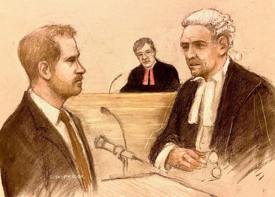 The Duke of Sussex in an artist’s sketch being cross examined by Andrew Green KC (PA)