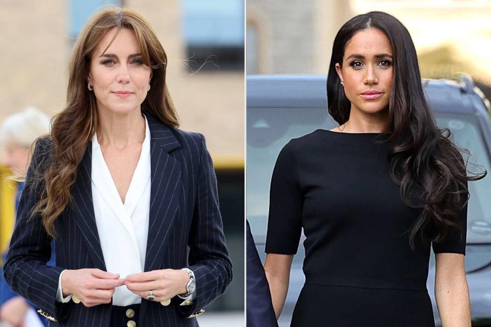 <p>Chris Jackson/Getty Images (2)</p> Kate Middleton on October 3; Meghan Markle in September 2022.