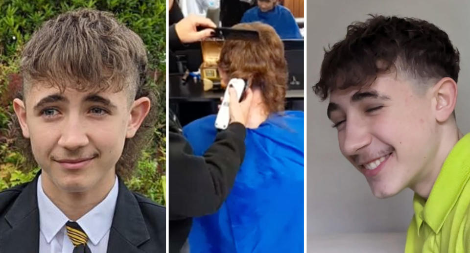 Left, Toby wearing his school uniform with his mullet hairstyle. Middle, Toby in the barbershop mid-shave. Right, Toby with his short hair cut. 