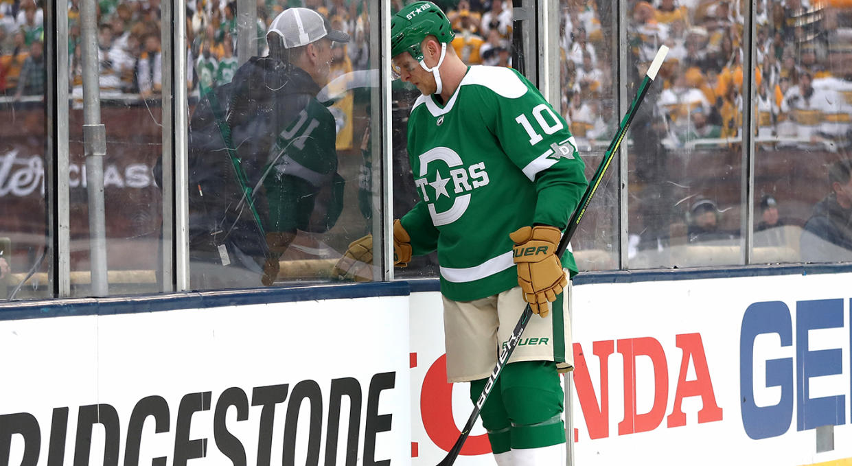 DALLAS, TEXAS - JANUARY 01: Corey Perry #10 of the Dallas Stars leaves the game on a misconduct in the first period of the Bridgestone NHL Winter Classic against the Nashville Predators at Cotton Bowl on January 01, 2020 in Dallas, Texas. (Photo by Ronald Martinez/Getty Images) y