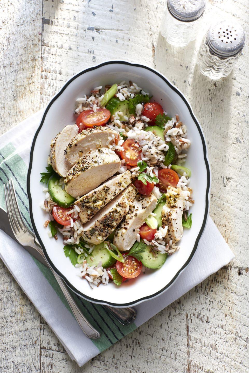 greek chicken with tomato and rice salad