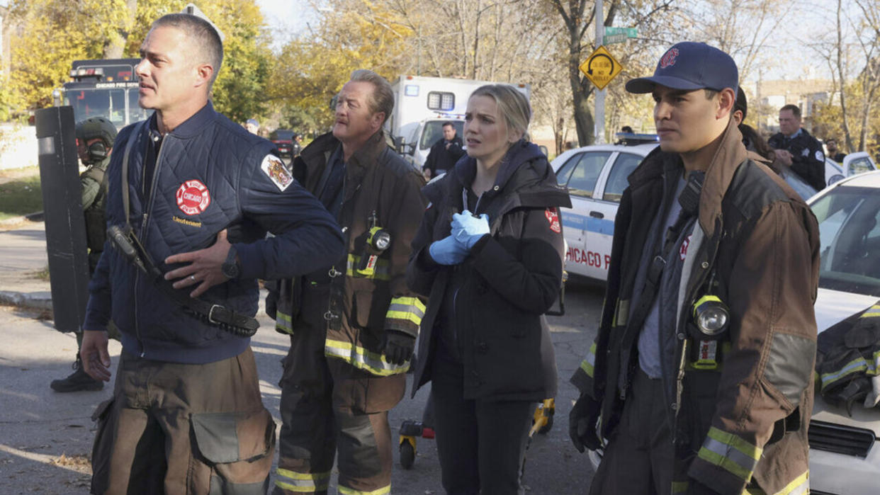  Chicago Fire's Severide, Mouch, Brett, and Gallo in Season 11. 