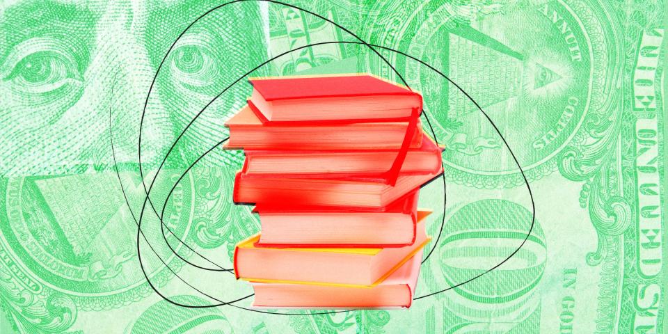 A red-tinted stack of books against a green background made up of collaged close-ups of a 100 dollar bill