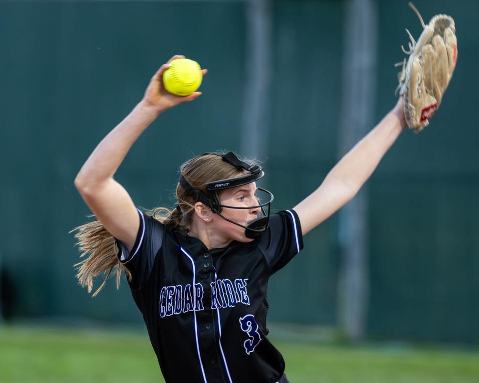 Cedar Ridge pitcher Caitlin Benningfield throws during a district win over Round Rock on April. 12. Cedar Ridge swept Cibolo Steele in the area round of the Class 6A state playoffs.