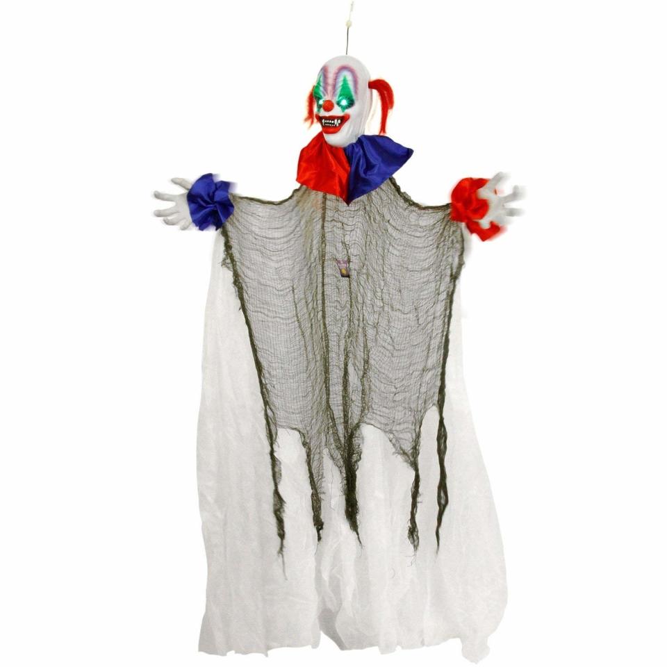 <p>One night of friendly scares, a lifetime of nightmares!</p> <p><strong>Shop now:</strong> Halloween Haunters 5 Foot Animated Hanging Spinning Scary Circus Clown, $45. <a rel="nofollow noopener" href="https://www.amazon.com/Halloween-Haunters-Animated-Spinning-Decoration/dp/B074B4BB32/ref=sr_1_24?ie=UTF8&qid=1538103135&sr=8-24&keywords=creepy+clown+decoration" target="_blank" data-ylk="slk:amazon.com;elm:context_link;itc:0;sec:content-canvas" class="link ">amazon.com</a></p>