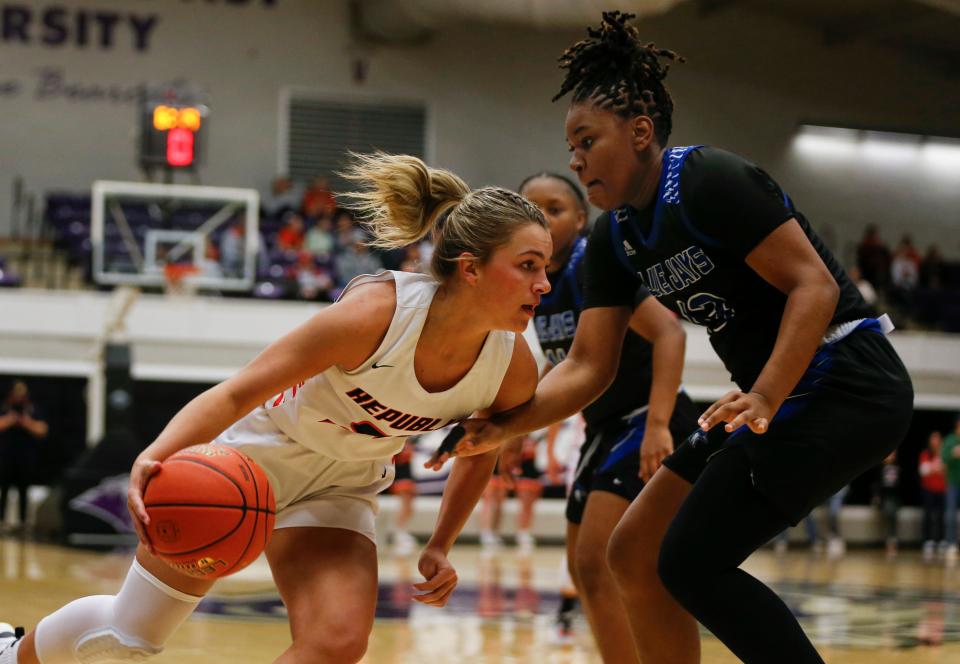 Republic's Kaemyn Bekemeier drives to the basket as the Lady Tigers take on the Raytown Lady Jays in a Class 6 girls quarterfinal matchup at Southwest Baptist University on Saturday, March 11, 2023.