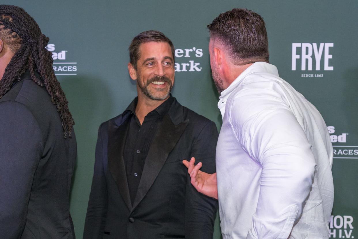 Aaron Rodgers is all smiles during the Sports Illustrated party at Ice House in Louisville, Ky. Fri. May 3, 2024.